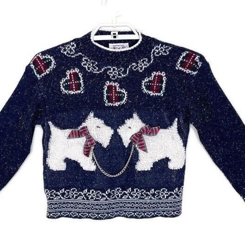 Vintage Heartworks Scottie Dog Sweater Kids Size 7/8 Blue Knit Hearts Bows 90s